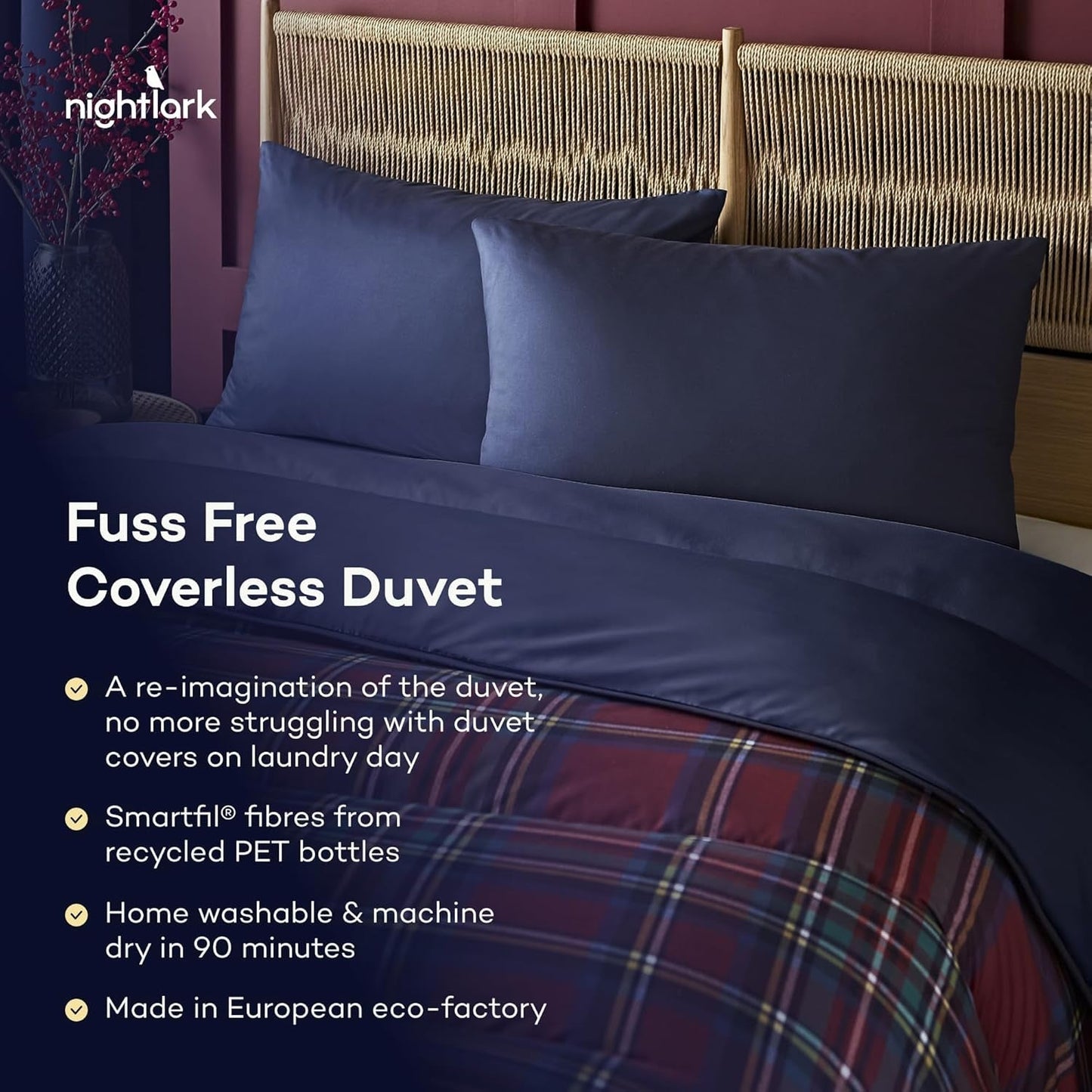 Set piumino e federa Night Lark, 10,5 tog, singolo, tartan rosso classico, biancheria da letto di lusso, ipoallergenico, piumini e trapunte lavabili in lavatrice Naty Shop