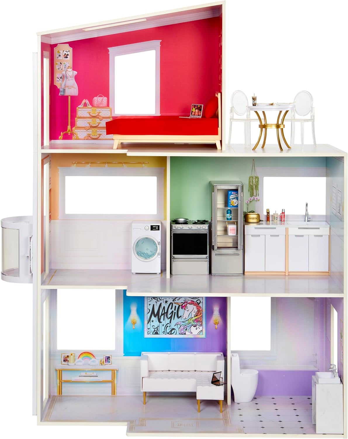 Rainbow High Townhouse - Casa delle bambole in legno a 3 piani con 5 stanze colorate e terrazza - Casa completamente arredata con ascensore e accessori funzionali - Giocattolo per case delle bambole dai 4 ai 12 anni Naty Shop 2023 Rainbow High Townhouse