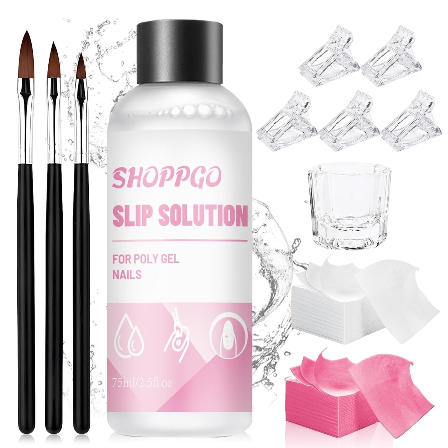 Soluzione per unghie Polygel, Kit per unghie Poly Gel Slip Solution, Soluzioni per unghie liquide Polygel da 75 ml, 5 clip per punte per unghie, 3 pennelli per unghie, 1 tazza di cristallo, 100 fogli di pulizia