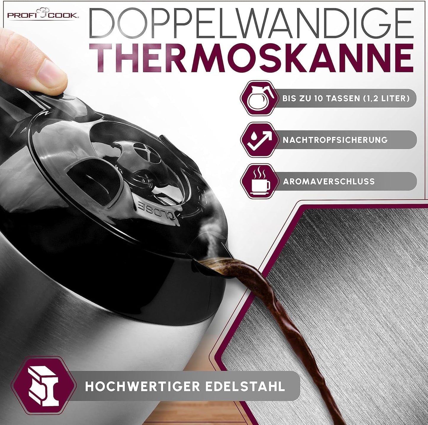 Macchina da caffè Profi Cook | 8-10 tazze | Temporizzatore | Controlli tattili con sensore | Caraffa termica a doppia parete da 1,2 litri | Sigillo di sapore | Caffettiera con filtro in acciaio inox | PC-KA 1191
