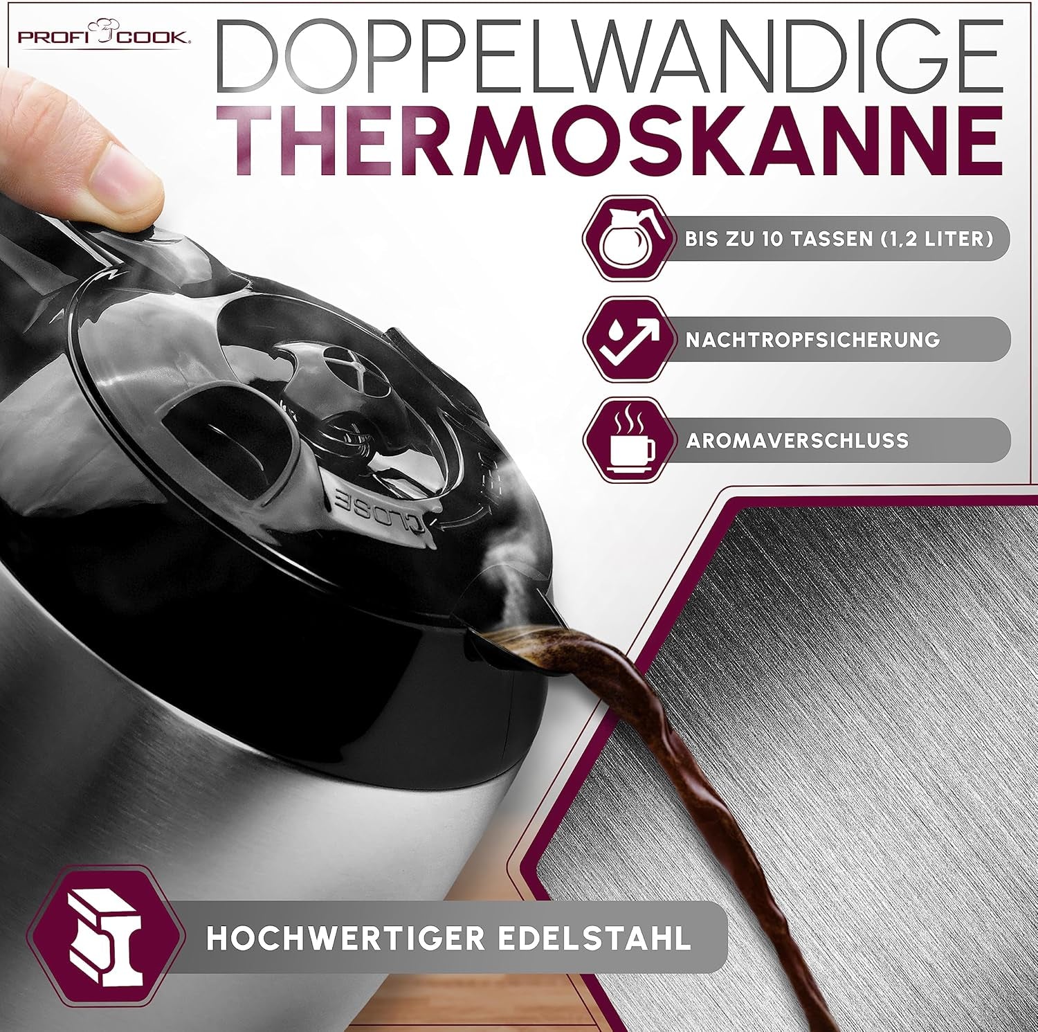 Macchina da caffè Profi Cook | 8-10 tazze | Temporizzatore | Controlli tattili con sensore | Caraffa termica a doppia parete da 1,2 litri | Sigillo di sapore | Caffettiera con filtro in acciaio inox | PC-KA 1191