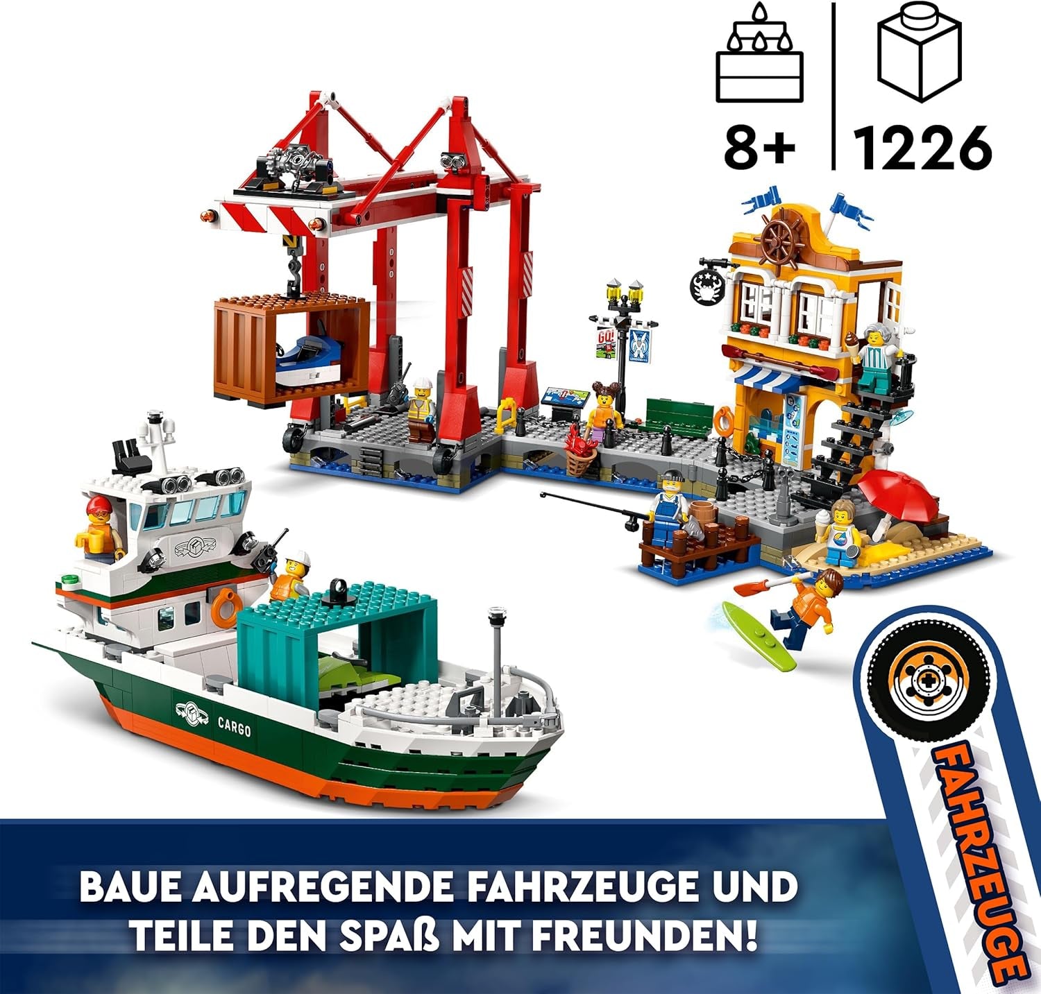 Porto LEGO City con nave mercantile, giocattolo da costruzione per ragazzi e ragazze a partire da 8 anni, idea regalo per bambini, gru per container, nave giocattolo e 8 minifigure 60422 Set da costruzione Besuche den LEGO-Store