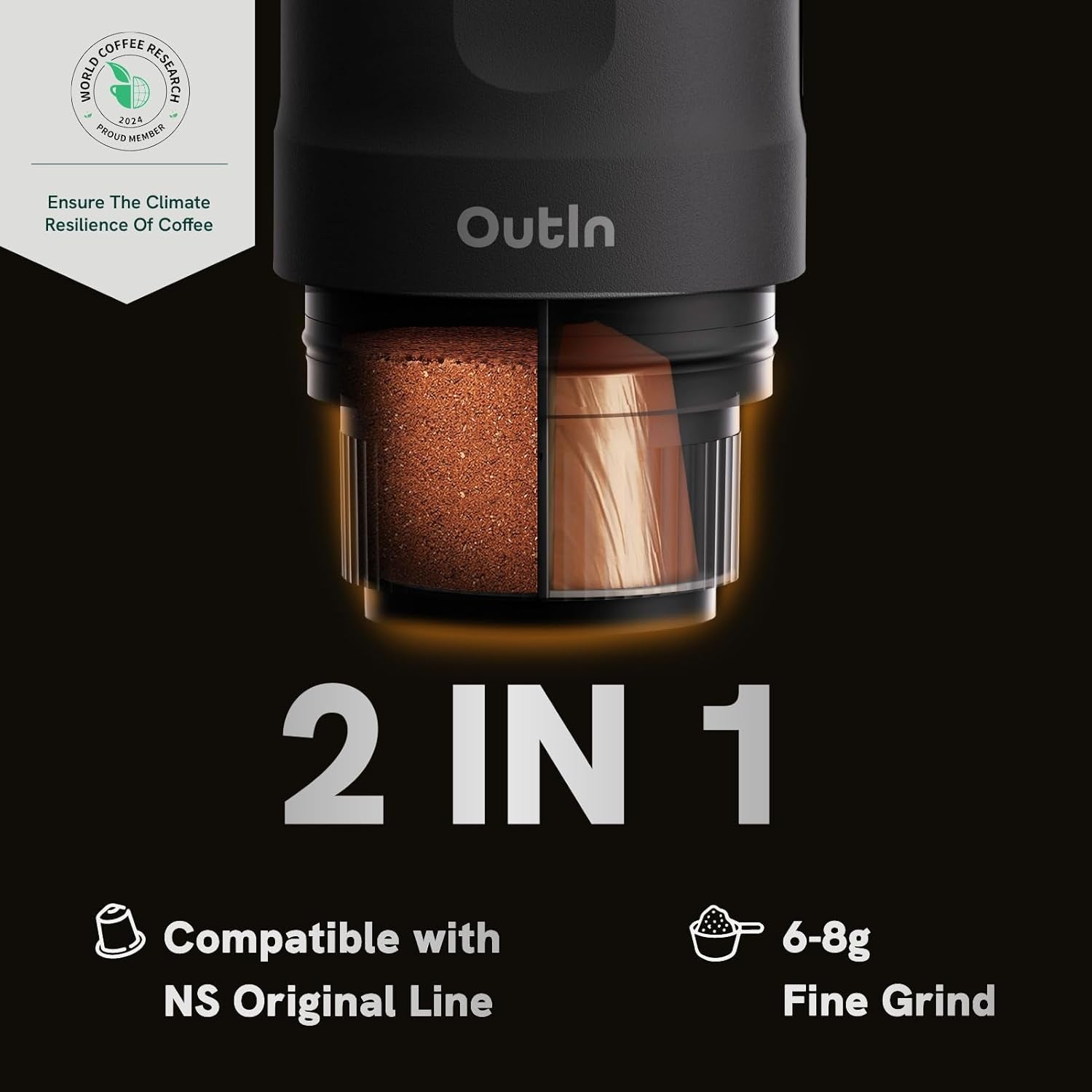 OutIn Nano Macchina per caffè espresso elettrica portatile, caffettiera da campeggio, USB-C autoriscaldante, compatibile con caffè macinato e capsule NS