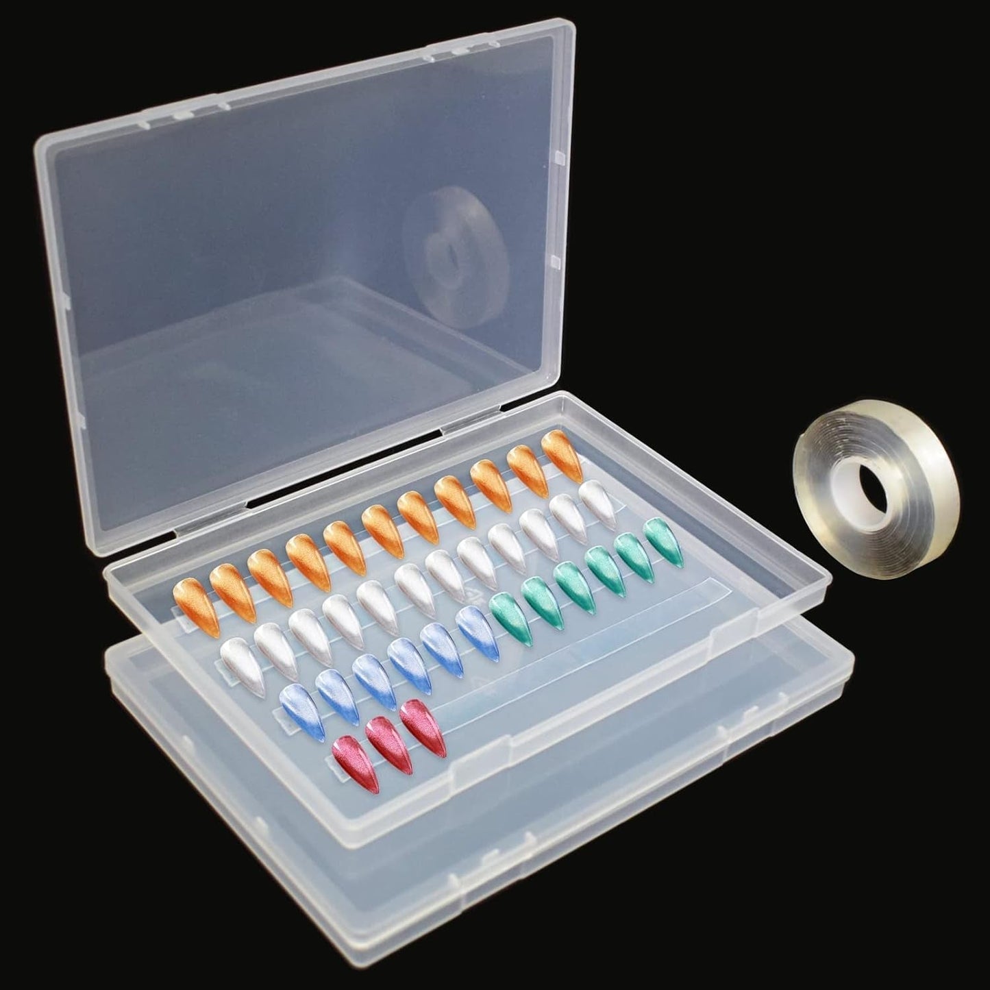 2 pezzi 30 cm nastro biadesivo scatola di immagazzinaggio per unghie artificiali scatola rettangolare trasparente scatole di imballaggio in plastica punte per unghie contenitore unghie artificiali 21,8x15,5 cm