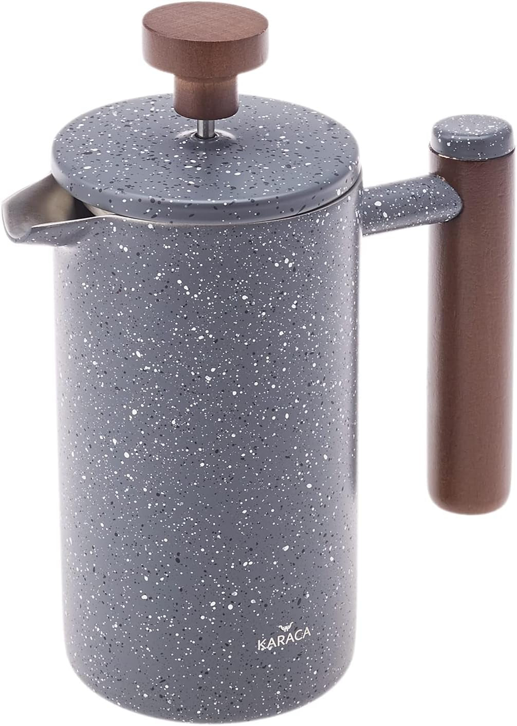 Pressa francese a doppia parete in marmo KARACA con manico in castagno - Pressa francese isolata per caffè - Caffettiera da campeggio da viaggio per la casa - 350 ml - Grigio scuro