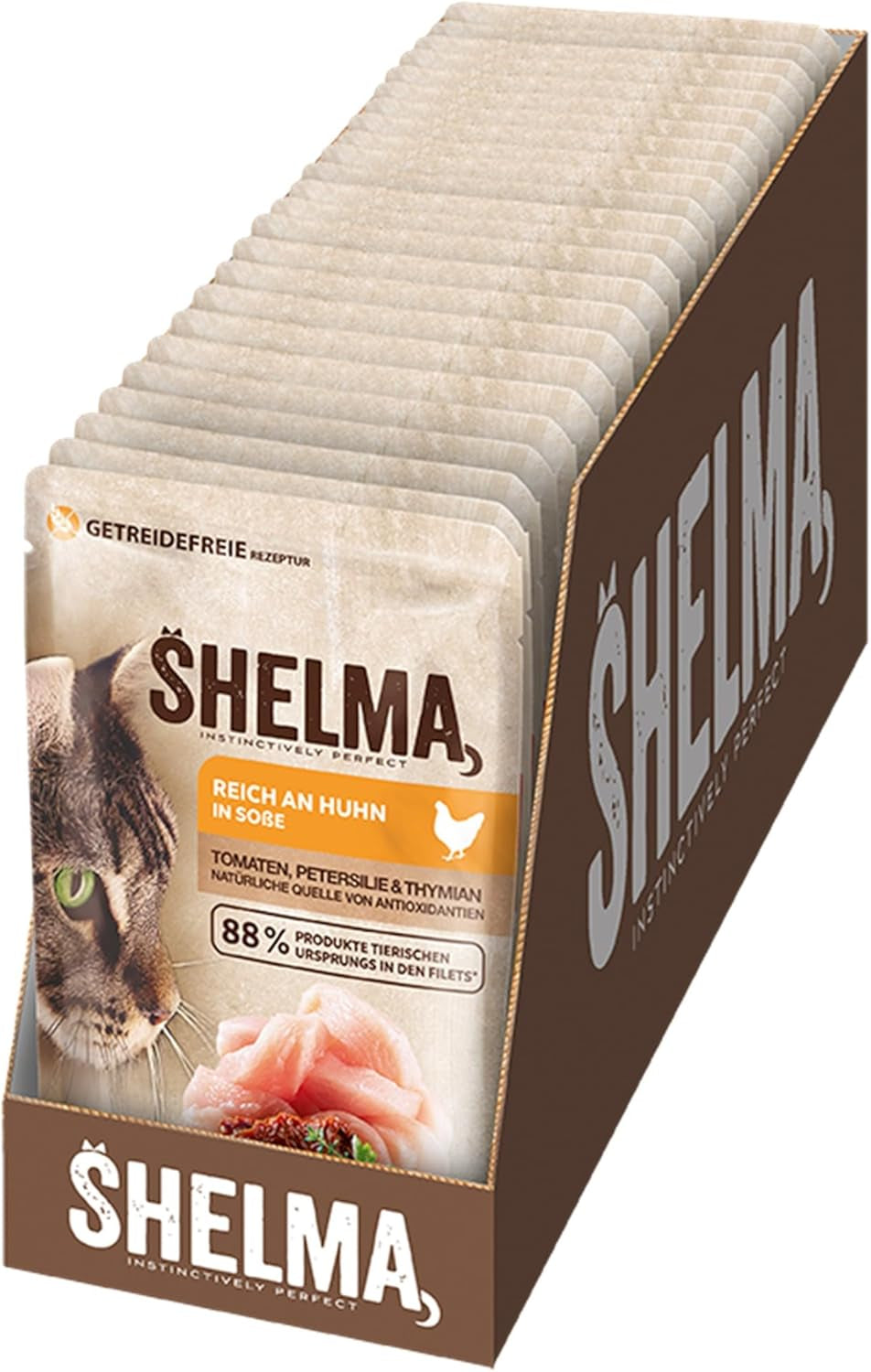 Shelma Cibo umido per gatti con pollo in salsa di pomodoro ed erbe aromatiche - Alimento completo senza cereali con alto contenuto di carne - 28 x 85 g (2,38 kg)