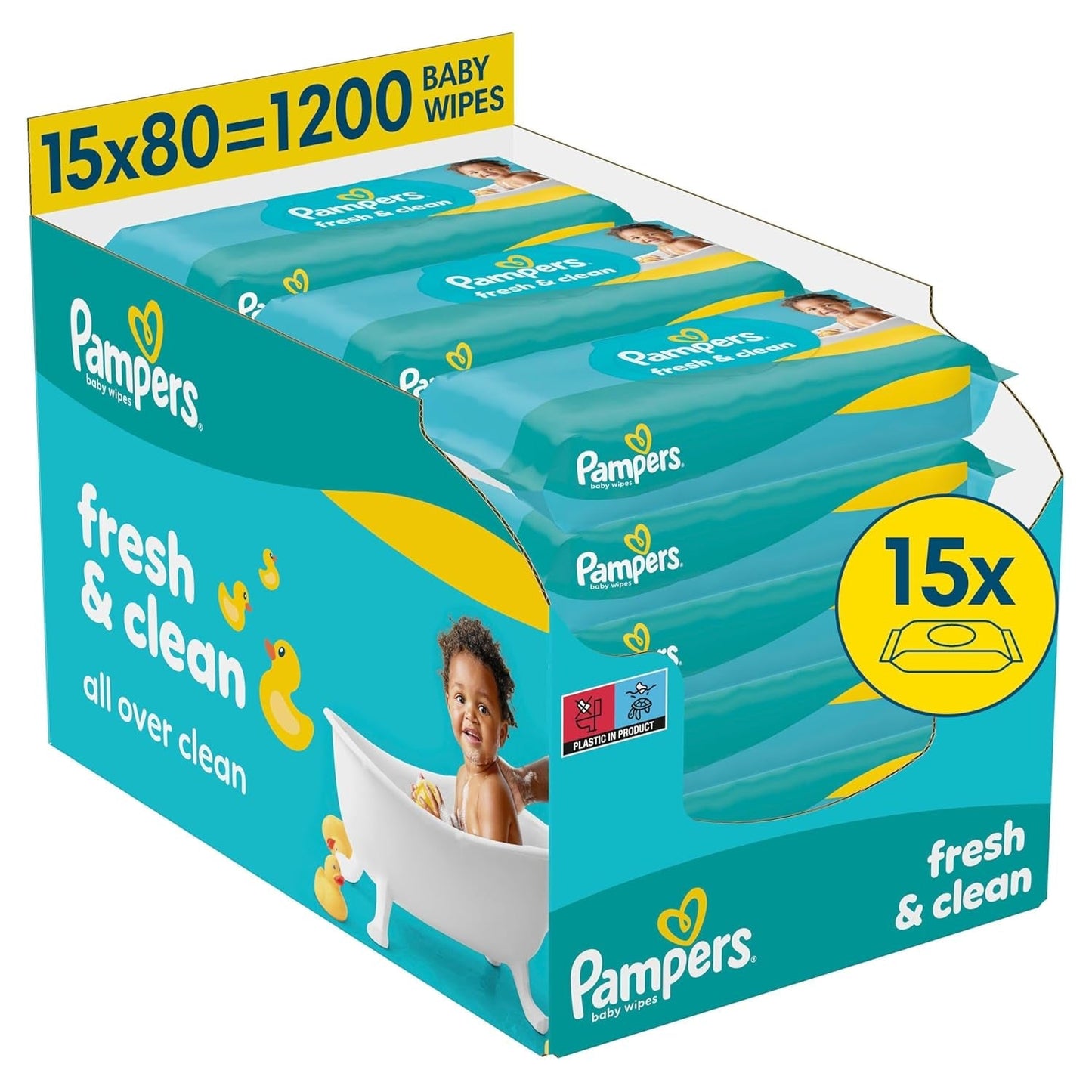 Salviettine umidificate Pampers Fresh Clean, 15 confezioni da 80 salviette, 1200 salviette totali, profumo leggero, adatte anche per mani e viso