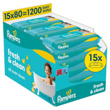 Salviettine umidificate Pampers Fresh Clean, 15 confezioni da 80 salviette, 1200 salviette totali, profumo leggero, adatte anche per mani e viso