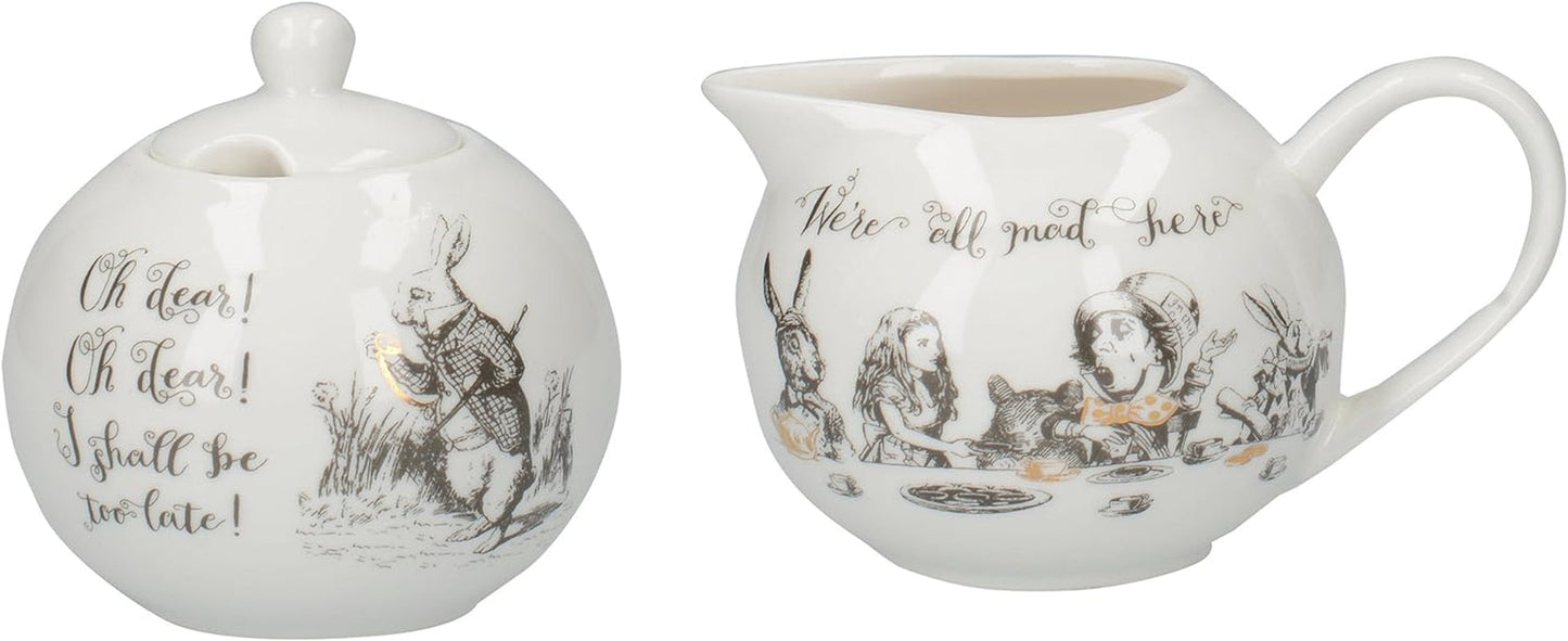 Teiera e lattiera in fine porcellana Alice nel Paese delle Meraviglie, ciotola e lattiera in porcellana in una lussuosa confezione regalo