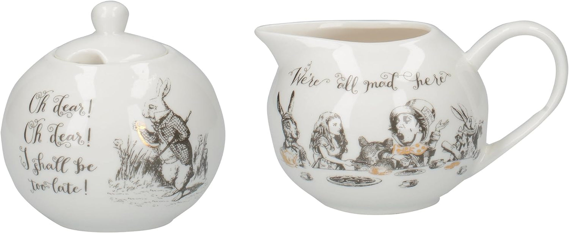 Teiera e lattiera in fine porcellana Alice nel Paese delle Meraviglie, ciotola e lattiera in porcellana in una lussuosa confezione regalo