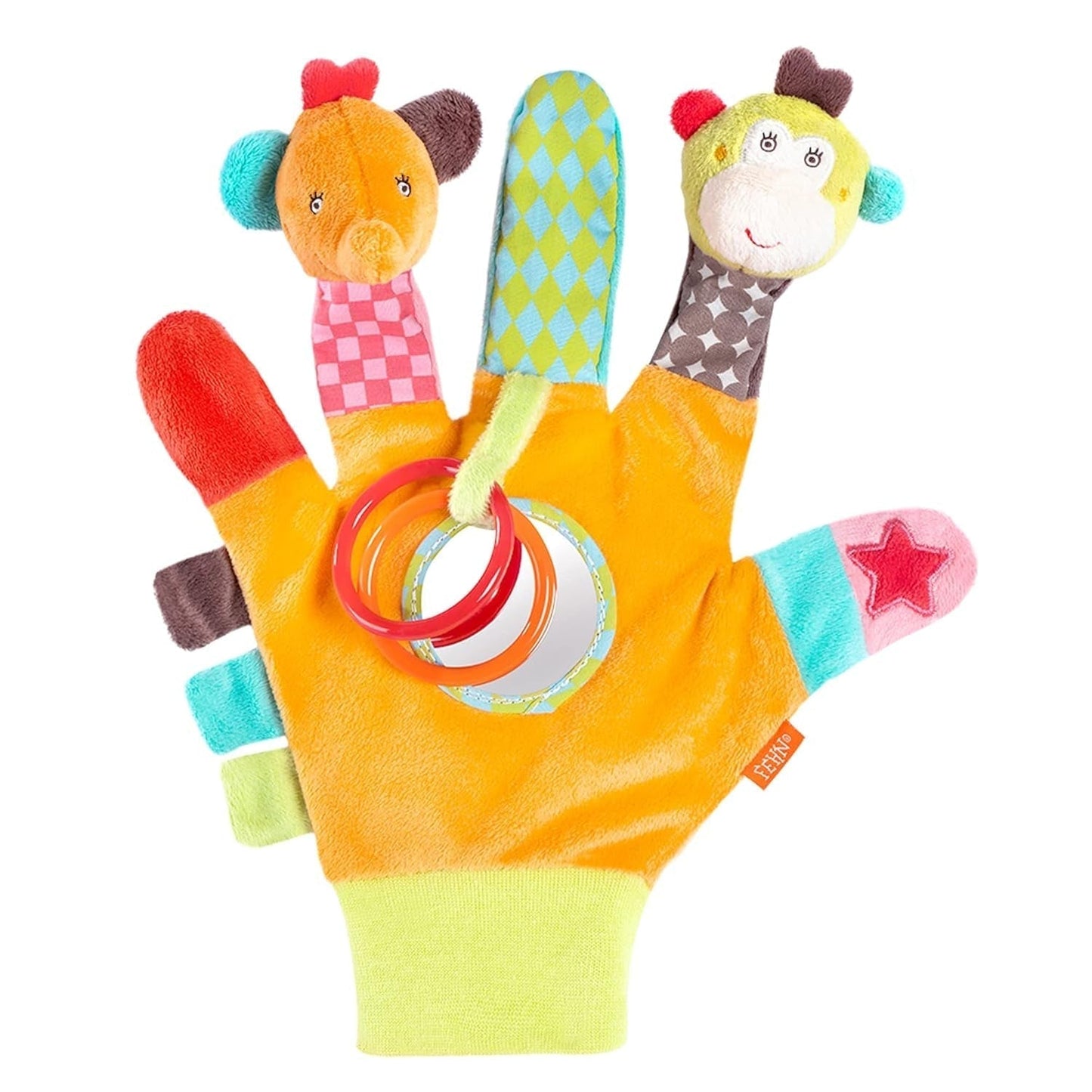 Fehn Burattino da Mano Coccodrillo - Peluche con Sonaglio, Carta frusciante, Massaggiagengive e Cigolio - Burattino da Mano per Neonati - Giocattolo Scoppiettante per Neonati e Bambini dai 6 Mesi in su Naty Shop Safari