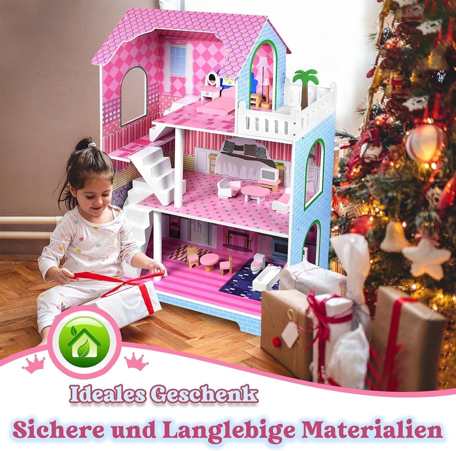 HENGMEI Puppenhaus Kinder Holz Puppenvilla Dollhouse Set Mädchen Spielset 3 Etagen Haus mit Möbeln und Zubehör, 70x30x100cm Puppenhäuser für Kinder (Tipo B)