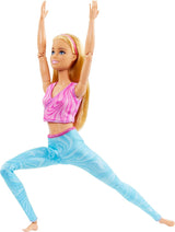 Barbie bambola made-to-move con capelli biondi, top sportivo rosa staccabile e pantaloni da yoga blu, 22 articolazioni, HRH27, [Multicolore]
