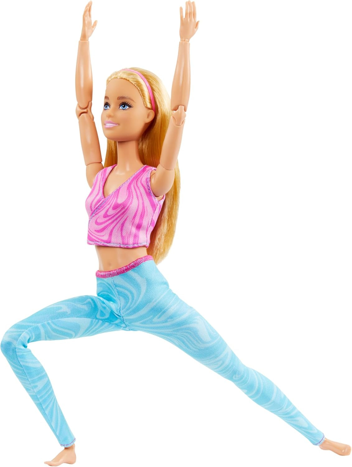 Barbie bambola made-to-move con capelli biondi, top sportivo rosa staccabile e pantaloni da yoga blu, 22 articolazioni, HRH27, [Multicolore]