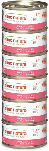 Almo Nature HFC Jelly - Nassfutter für ausgewachsene Katzen - Lachs - Human Grade, senza glutine e monoproteico - 6 x 70g
