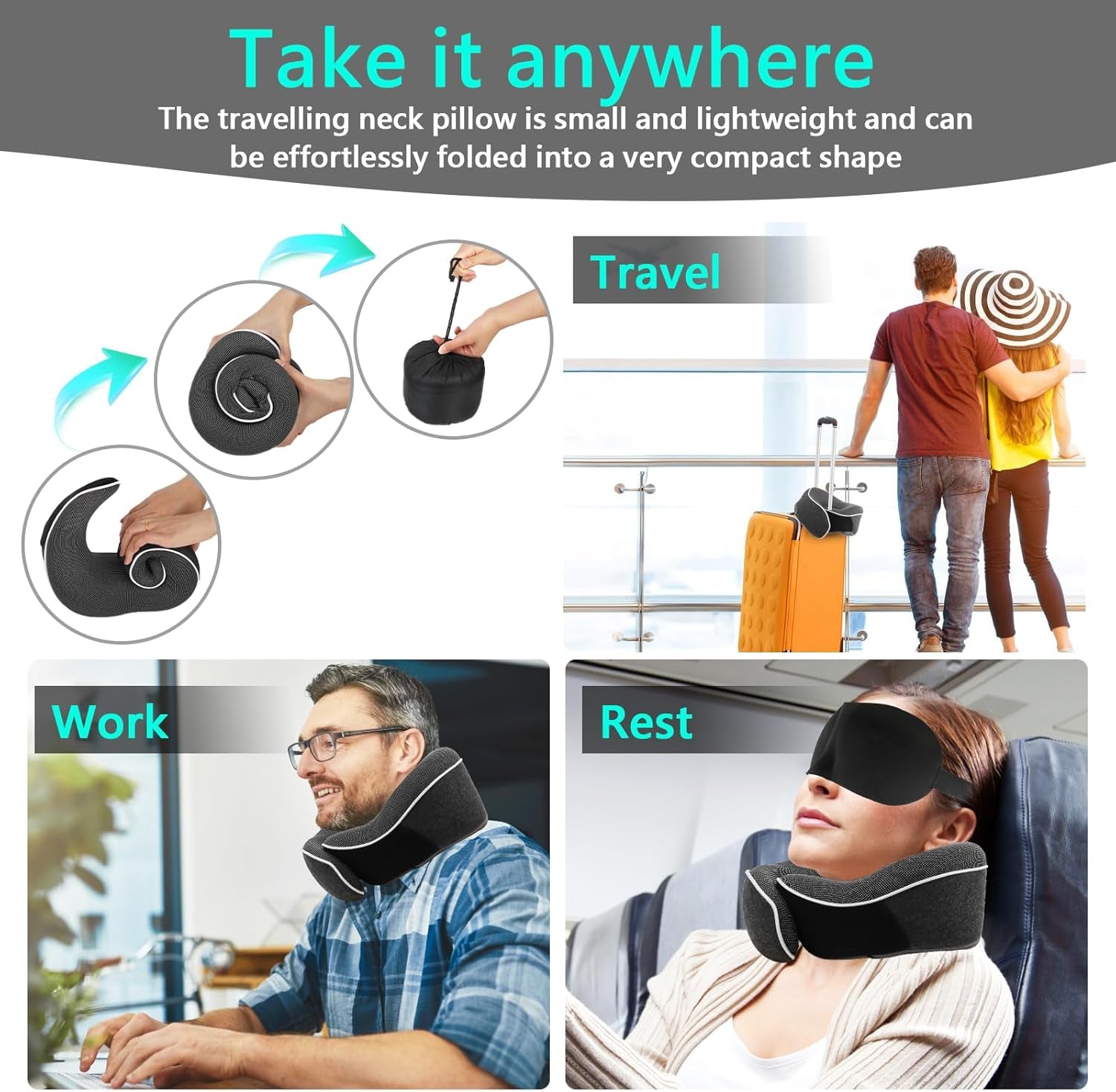 KILDOWS Cuscino per il collo dell'aereo, Cuscino da viaggio in memory foam, Cuscino da viaggio per l'aereo con maschera per gli occhi e tappi per le orecchie, Cuscino per il collo ortopedico, Ideale per viaggiare in aereo, macchina, treno Cuscini ortopedici cervicali Naty Shop