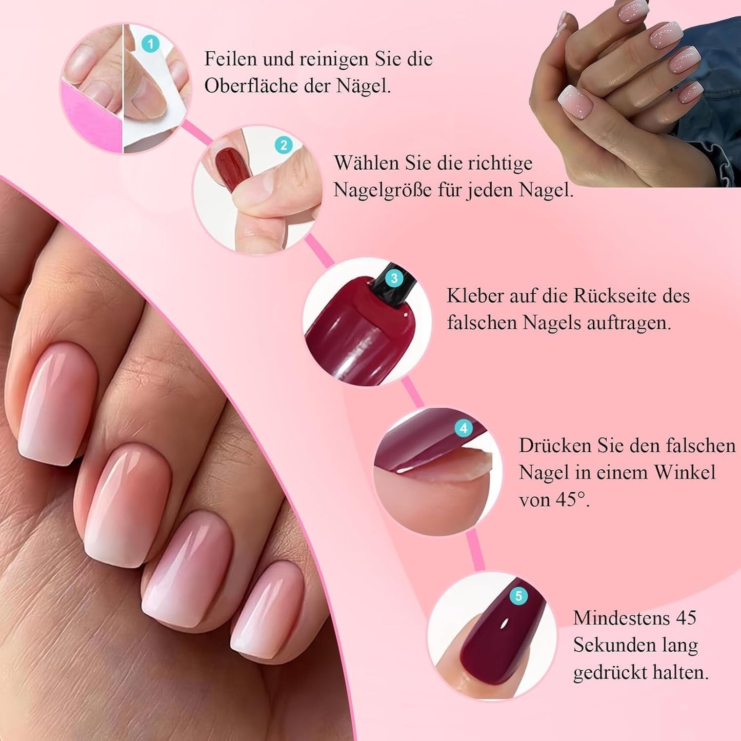 Kit per unghie finte da 360 pezzi - Unghie finte corte rosa nude sfumate bianche - Colla quadrata su unghie finte - Unghie autoadesive lucide a copertura totale per donne e ragazze (quadrate)