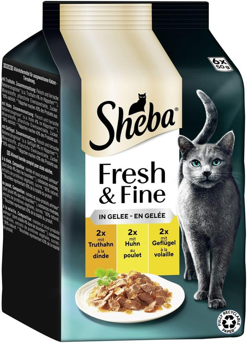 Sheba Portion Pouches Cibo umido per gatti, confezione multipla di gelatina di tacchino e pollo fresca e raffinata, 6x6x50 g - Cibo per gatti in gelatina di tacchino e pollo di alta qualità