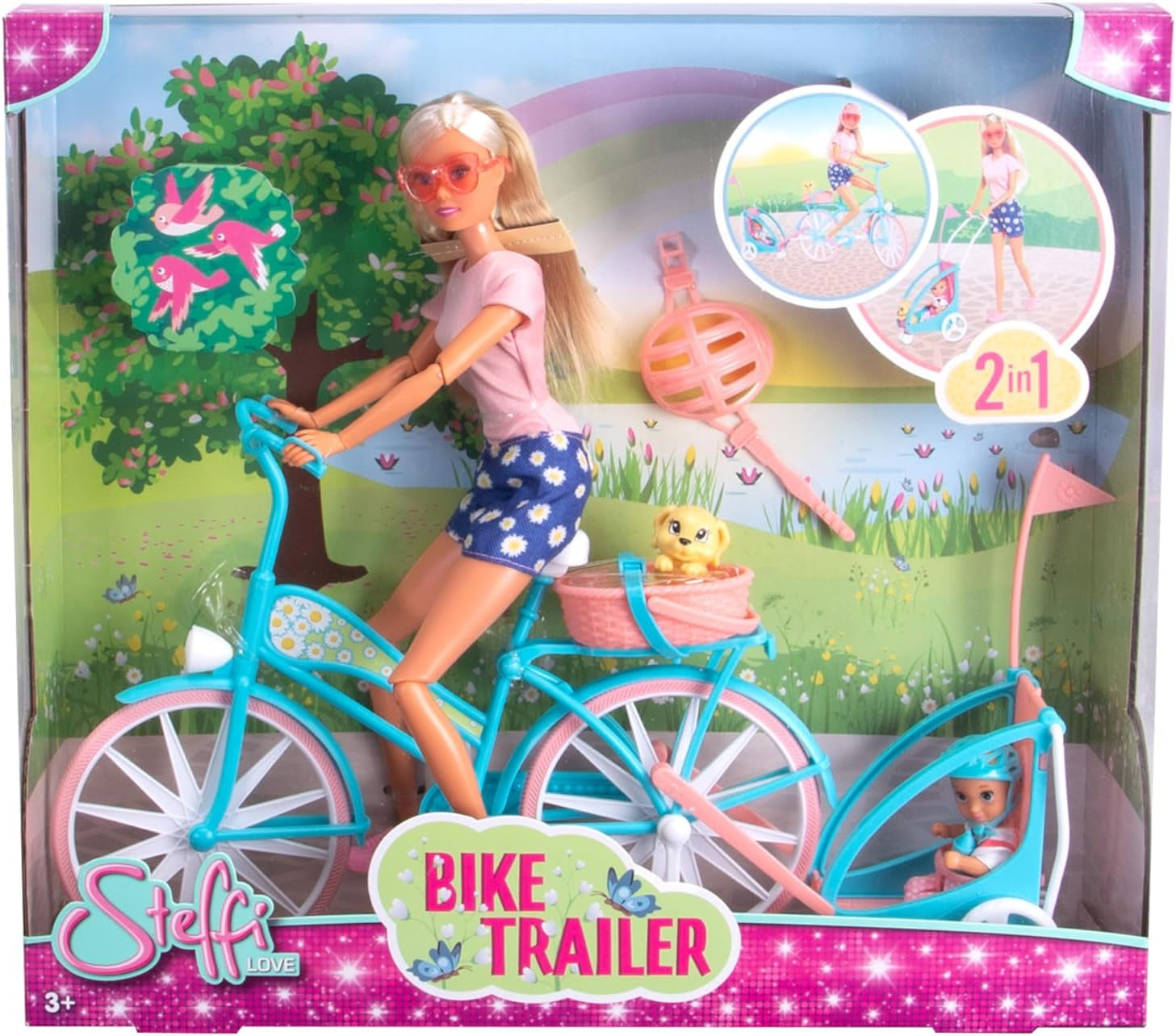 Rimorchio per bici Steffi Love, bambola in bici con rimorchio per bebè, cane e cuffie, da 3 anni in su