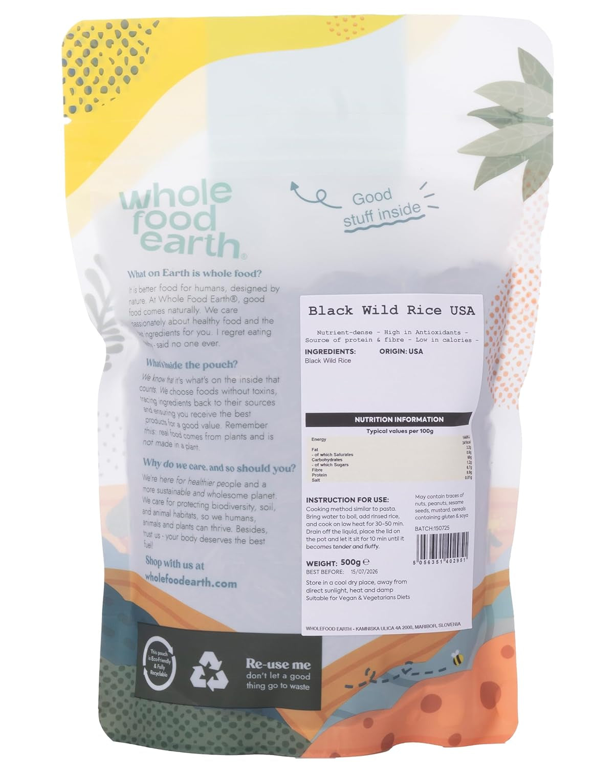 Wholefood Earth USA Riso selvatico nero - Non OGM - Naturale - Vegano - Senza latticini - Senza zuccheri aggiunti, 500g