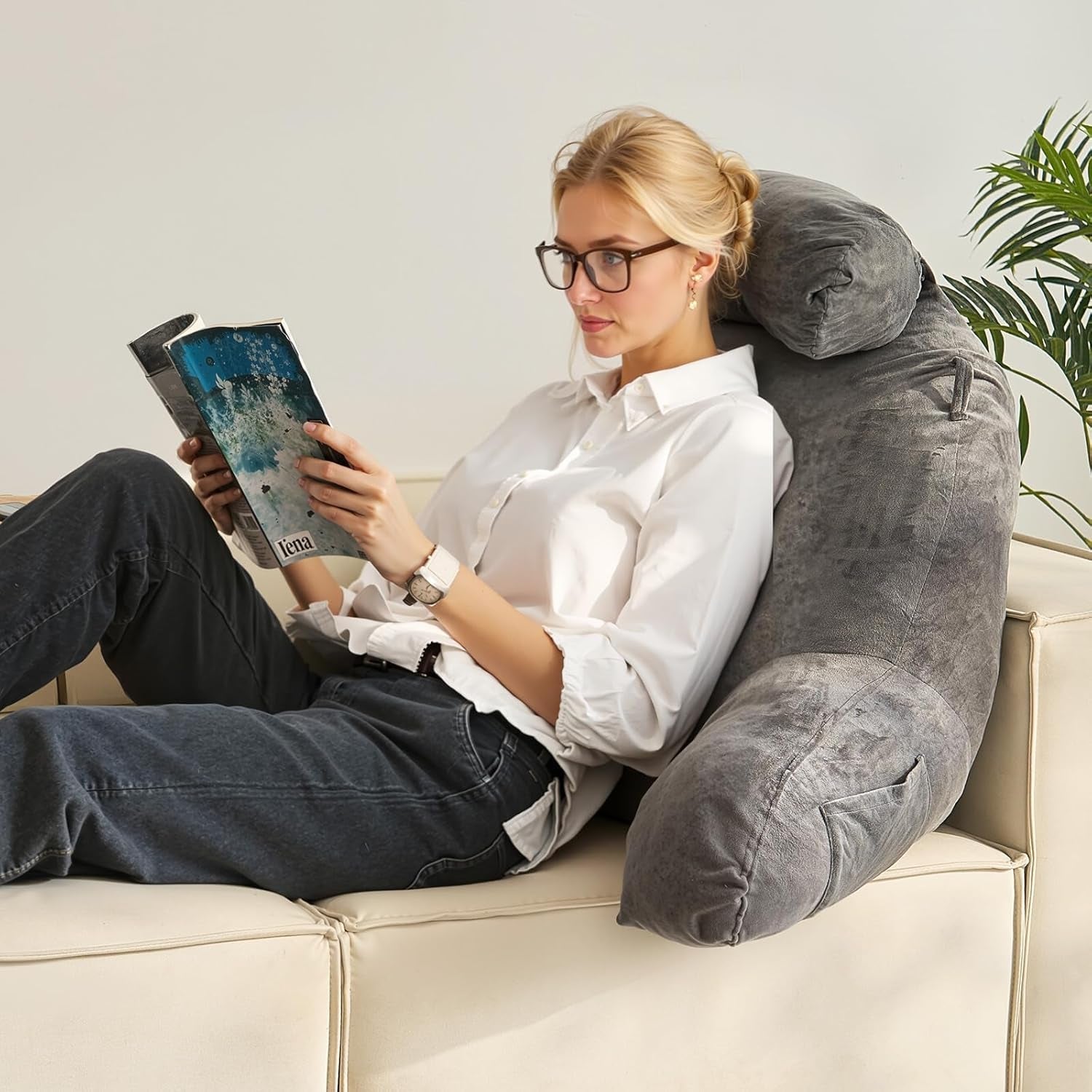 VEVOR Cuscino da lettura, Cuscino da letto (grande) con poggiatesta staccabile, cuscino per lo schienale con 3 tasche e tessuto in velluto corto lavabile e memory foam triturato, lato con maniglia, per guardare la TV, leggere, giocare