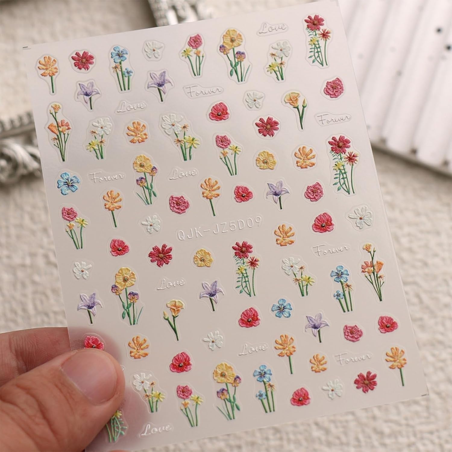 JMEOWIO 3D Nagelsticker Blumen Nail Art Sticker Selbstklebend Nagelaufkleber 5D Stereoscopico Frühling Sommer Blumen Dekoration Nageldesign Zubehör 4 Blatt