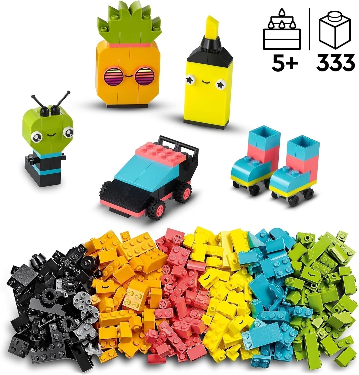 LEGO 11027 Classic Neon Creative Building Set, Brick Box Set, Giocattolo da costruzione con modelli: macchina, ananas, alieno, pattini a rotelle, personaggi e altro, per bambini dai 5 anni in su Set da costruzione Besuche den LEGO-Store