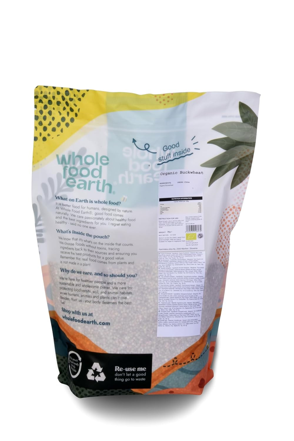 Grano saraceno biologico Wholefood Earth - 3 kg - Non OGM - Vegano - Alto contenuto di fibre - Certificato biologico