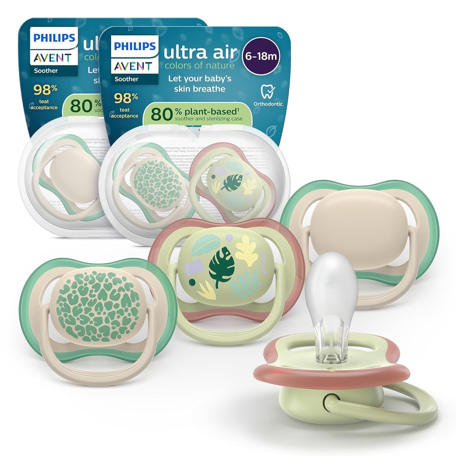 Succhietti Philips AVENT ultra air - confezione da 4 succhietti traspiranti senza BPA per bambini 6-18 mesi, inclusa custodia per il trasporto e sterilizzazione, modello tartaruga/balena (modello SCF085/66)