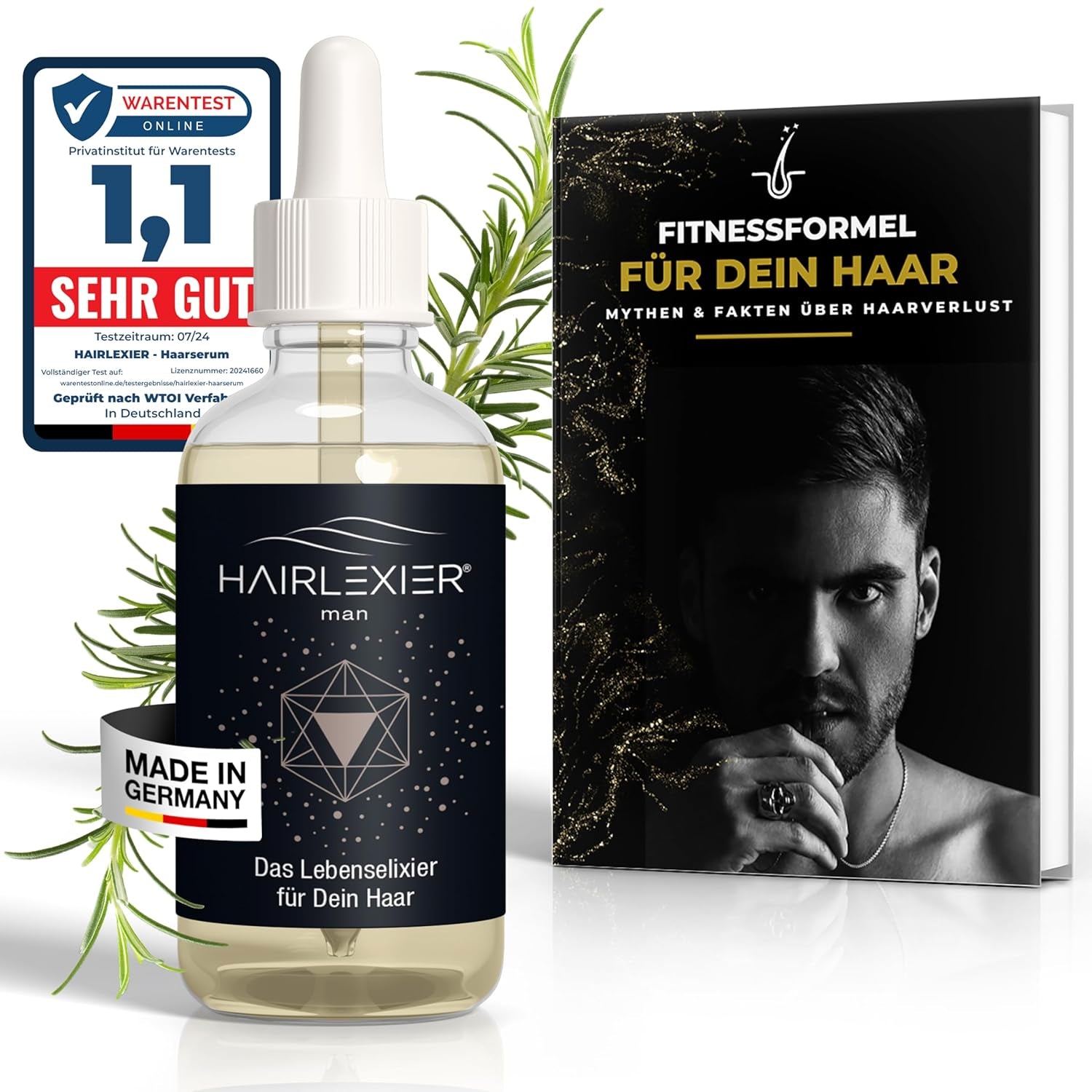 Hairlexier Rimedio per la Crescita dei Capelli per Donne - Olio per capelli al rosmarino, Olio per capelli all'olio di ricino, Olio di lavanda, Siero naturale per capelli contro la caduta diffusa dei capelli, Supporta la crescita dei capelli, Vegano e biologico + Manuale per la cura dei capelli Naty Shop Men