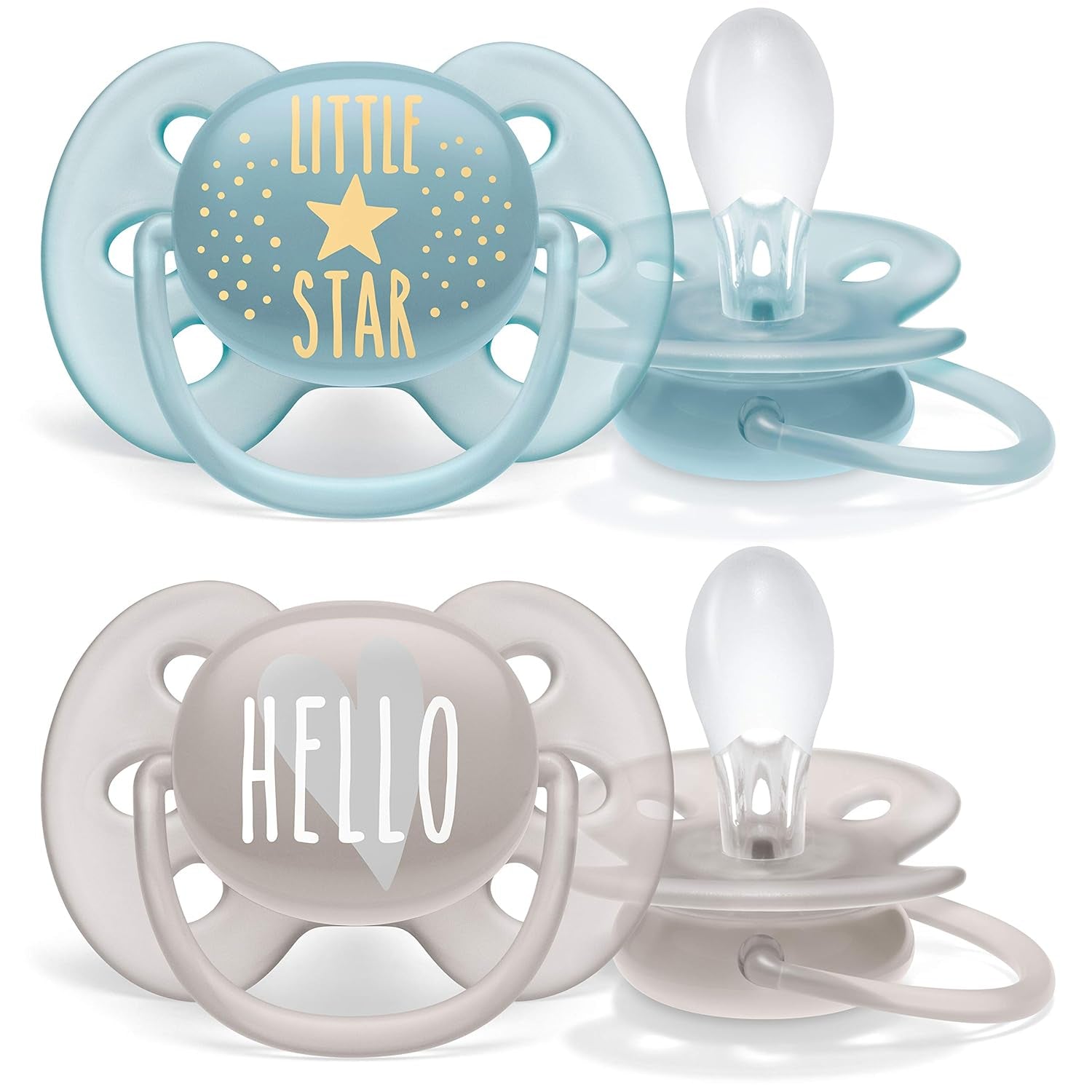 Succhietti ultra morbidi Philips AVENT - confezione da 4 succhietti extra morbidi senza BPA per bambini di età compresa tra 0 e 6 mesi, inclusa custodia per il trasporto e sterilizzazione (modello SCF091/35)