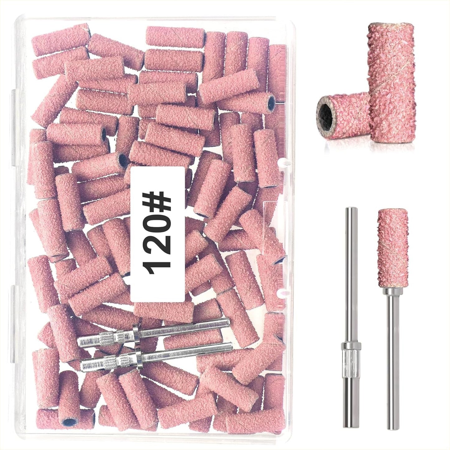 BLESWIN Nastri abrasivi piccoli per punte da trapano per unghie, 100 pezzi, grana fine 240 con 2 punte da trapano da 3 mm, mini nastri abrasivi per lucidare unghie naturali e pulire cuticole per la preparazione, rosa