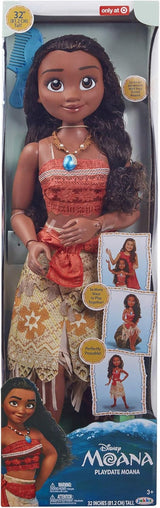 Disney Princess Vaiana, 80 cm große Spielpuppe von Jakks Pacific, bewegliche Puppe, mit Bürste zum Kämmen ihrer welligen Locken, vom Film ispirato Kleid, abnehmbare Halskette mit Anhänger