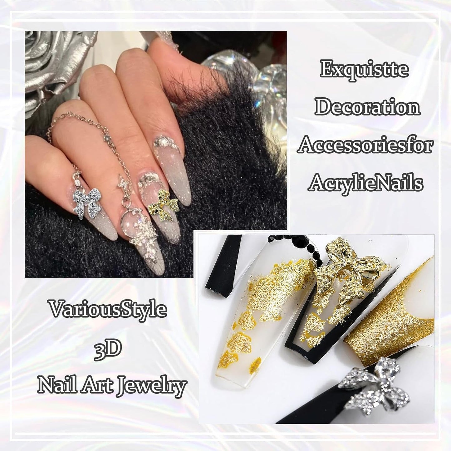 30 fiocchi per unghie in metallo, fiocchi color oro argento grigio, accessori per unghie, decorazioni per unghie per donne e ragazze, design per nail art