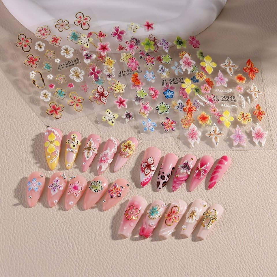 JMEOWIO 3D Nagelsticker Fiore colorato Nail Art Sticker Selbstklebend Nagelaufkleber 5D Stereoscopico Decorazione floreale primavera estate Nageldesign Zubehör 4 Blatt