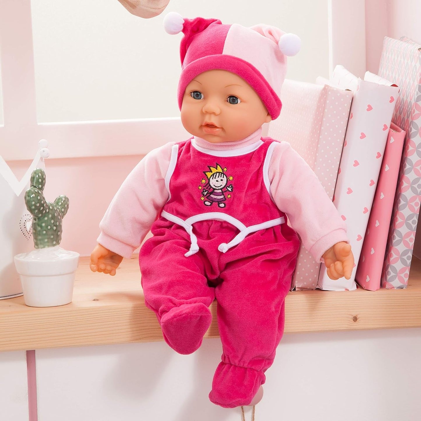 Funktionspuppe Hello Baby mit Geräuschen, bewegt den Mund, interattivo Puppe, Babypuppe, mit Zubehör, 46cm, rosa