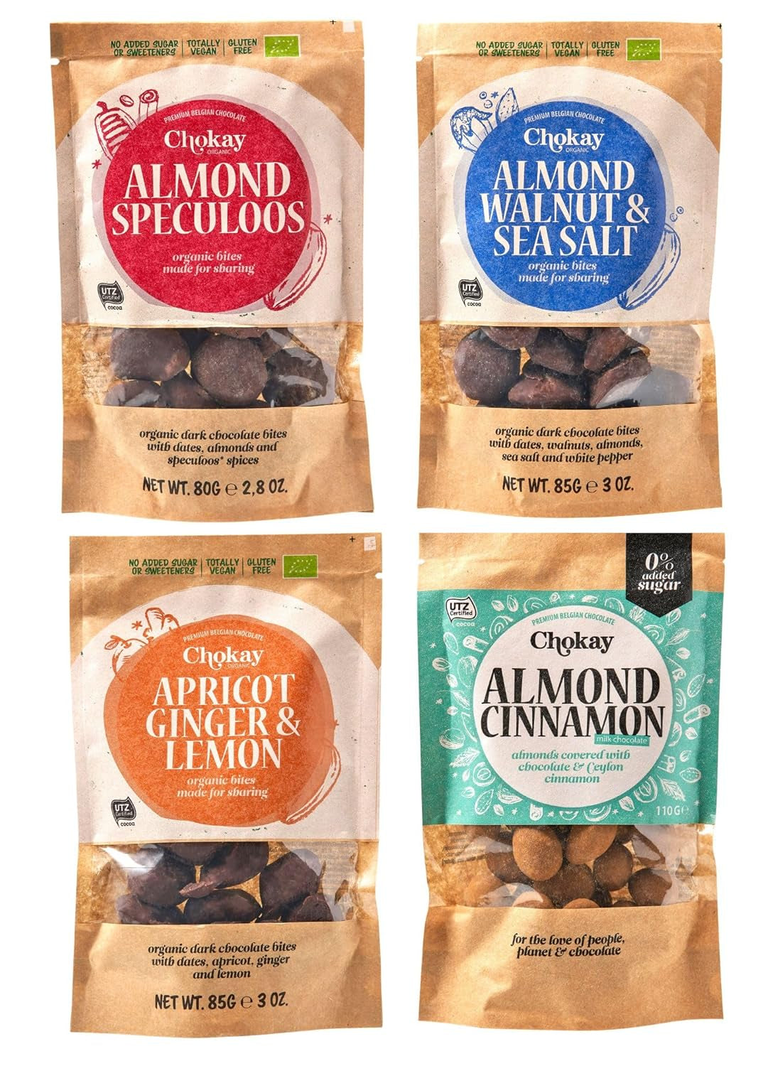 Set di 4 bocconcini biologici - Mandorle alla cannella/Mandorle alla cannella in cioccolato fondente belga/Senza zuccheri aggiunti, senza dolcificanti/VEGAN e COMMERCIO EQUO / 4 x 85 g