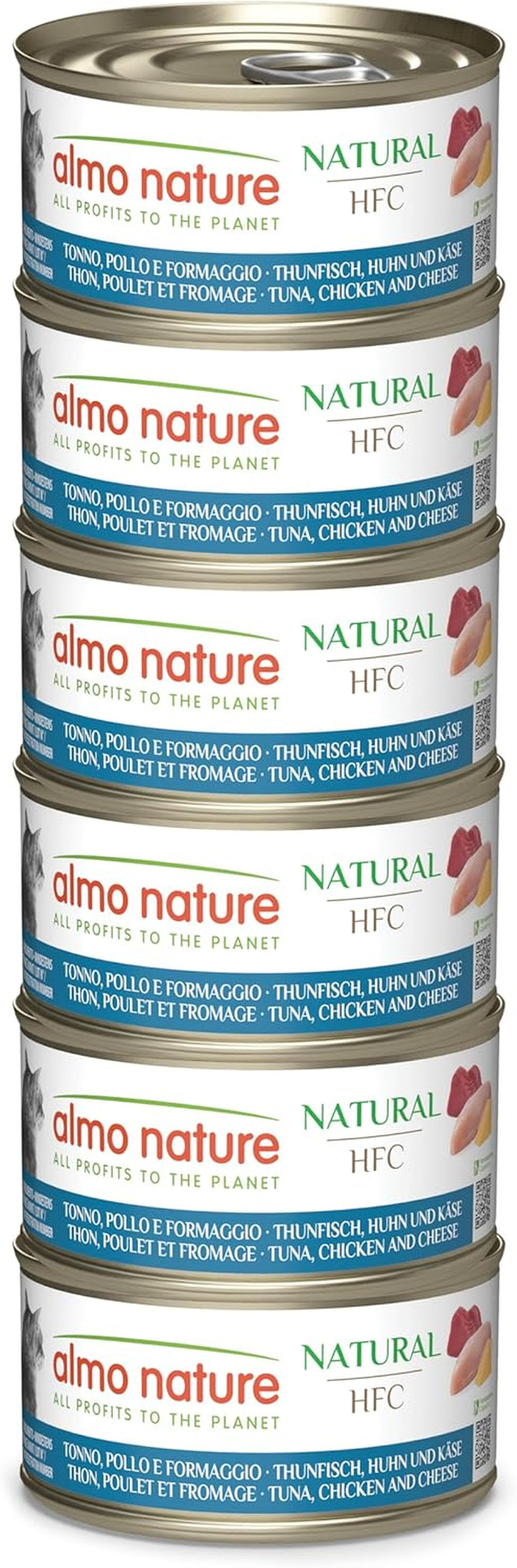Almo Nature HFC Natural - Alimento umido per gatti adulti - Tonno, Pollo e Formaggio - Qualità Human, Senza Glutine - 6 x 70g