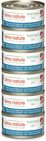 Almo Nature HFC Natural - Alimento umido per gatti adulti - Tonno, Pollo e Formaggio - Qualità Human, Senza Glutine - 6 x 70g
