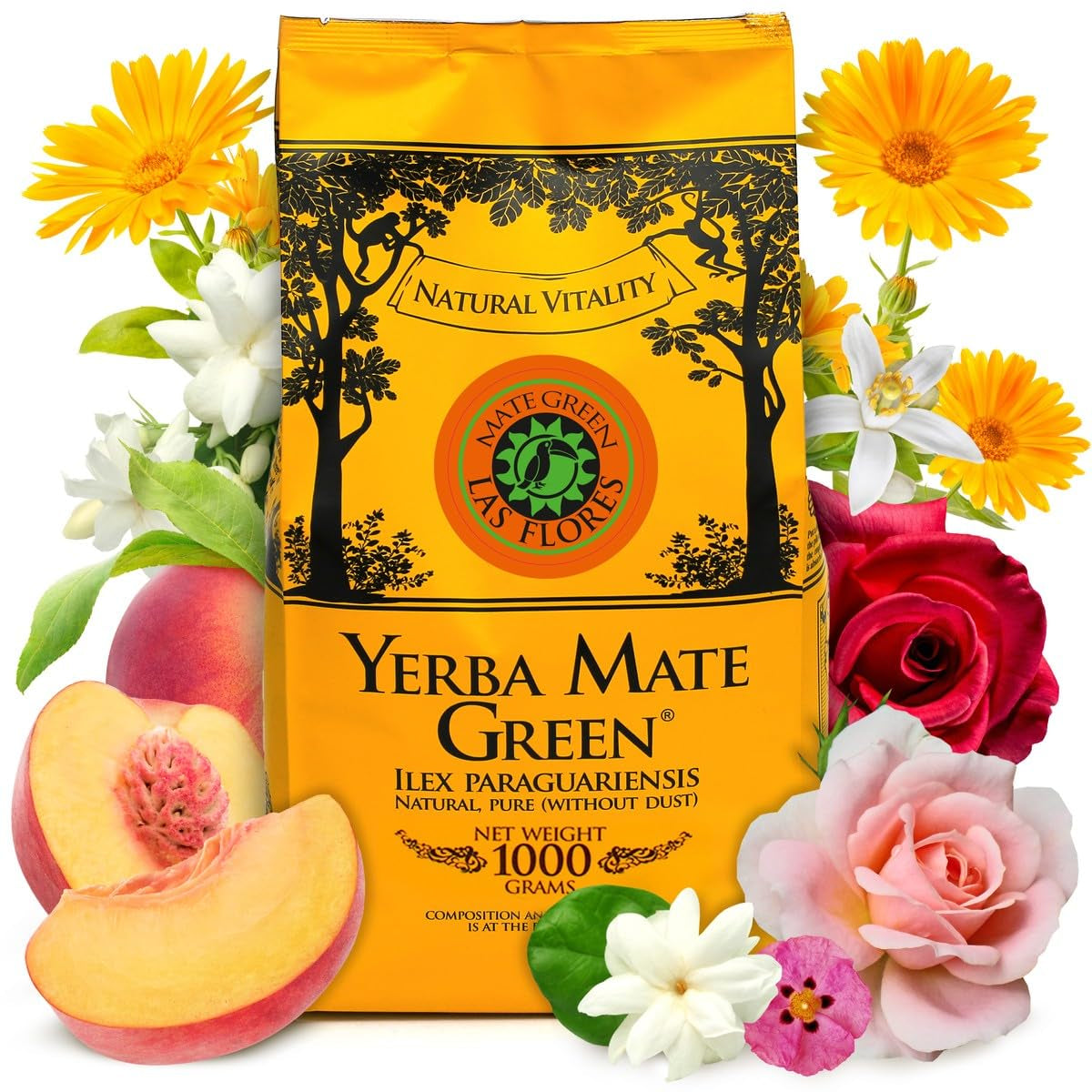 Yerba LAS FLORES 1 kg ● Tè Yerba Mate con pesche brasiliane ● Gelsomino ● Tè Mate dalle foglie intere ● Aromi naturali ● Tè Yebra Mate con guaranà 50 g ● Tè Yerba Mate con foglie intere 1050 g ● Vegano