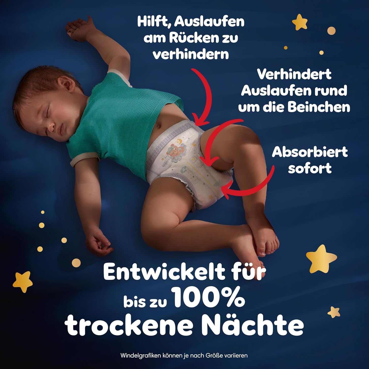 I pannolini Pampers Night Pants taglia 6, 138 pezzi, 13kg-19kg, forniscono una protezione extra per tutta la notte.