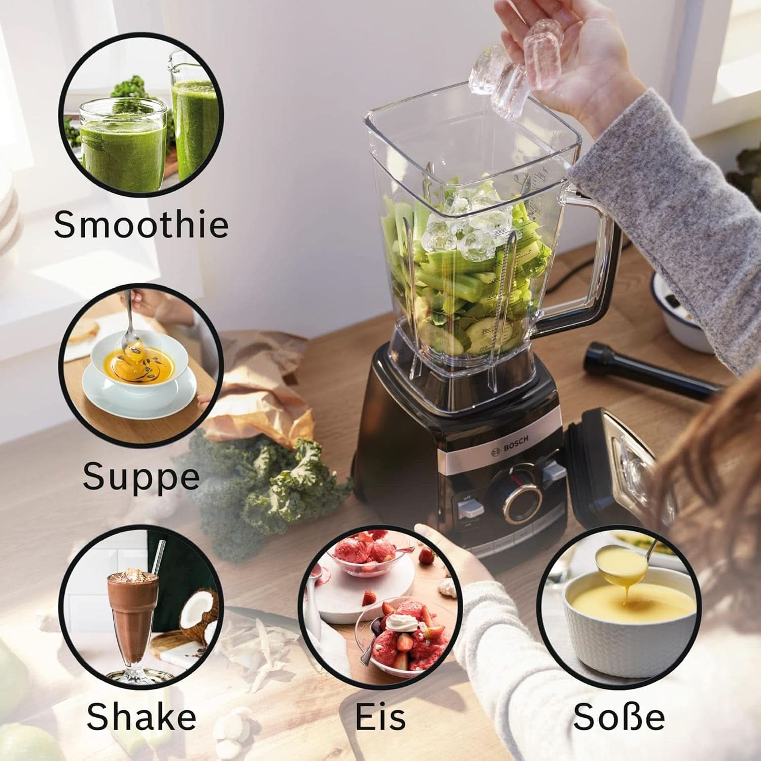 Robot da cucina Bosch Vitaboost MMBH6P6BDE, 6-Klingen-Edelstahlmesser, 2.5L Tritan-Mixbehälter, Stopfer, 6 Automatikprogramme, Rezeptbuch, Bpa-Frei, Einfache Reinigung, 45.000 U/Min, 1600 W, Schwarz Bucatarie Naty Shop