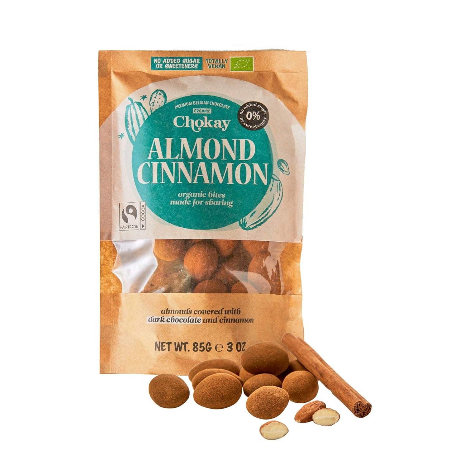 Set di 4 bocconcini biologici - Mandorle alla cannella/Mandorle alla cannella in cioccolato fondente belga/Senza zuccheri aggiunti, senza dolcificanti/VEGAN e COMMERCIO EQUO / 4 x 85 g