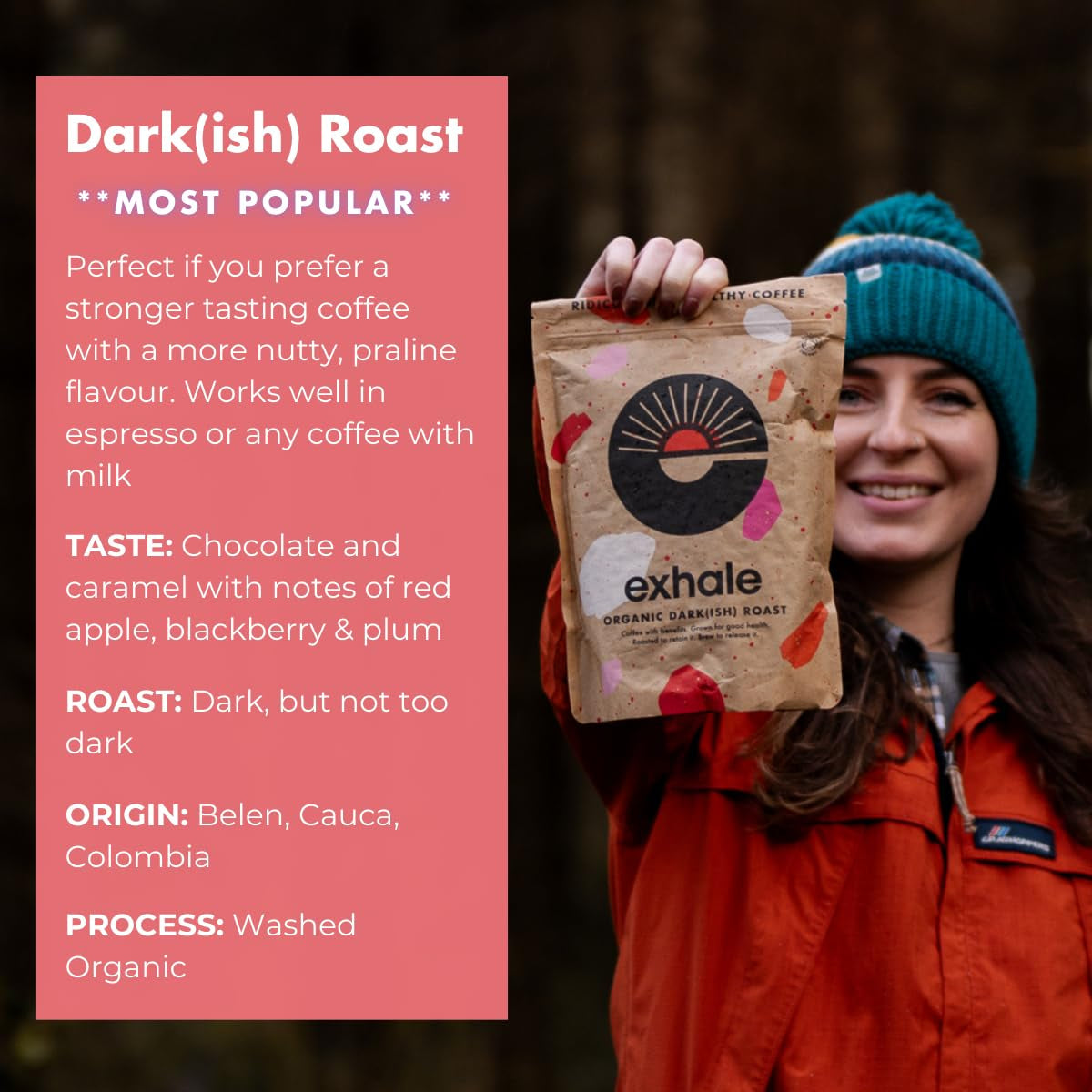 EXHALE Bio GANZE BOHNEN – Dunkel Gerösteter Kaffee – Confezione da 450 g – Mykotoxinfrei & Geeignet für Bulletproof Coffee – Single Origin e 100% Arabica Bohnen