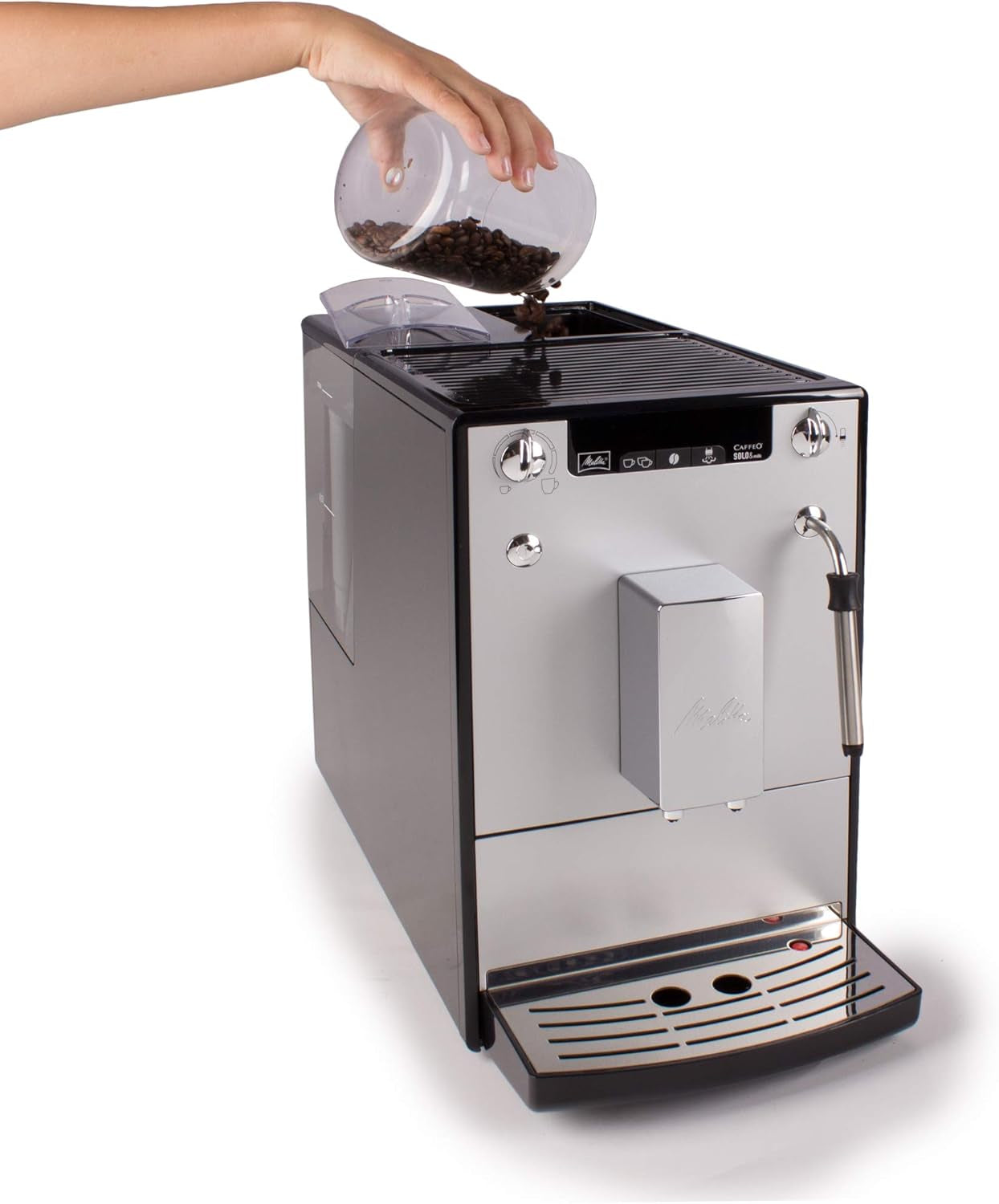Melitta Solo & Milk - macchina da caffè slim completamente automatica con montalatte, macchina da caffè con serbatoio dell'acqua rimovibile, ad es. caffè o cappuccino, argento