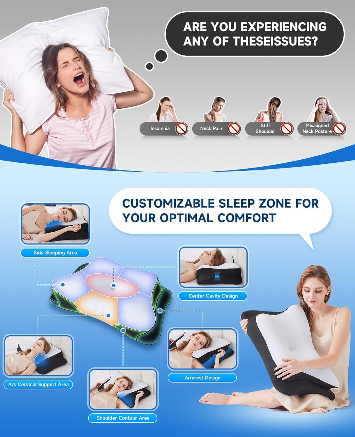SUPA MODERN Cuscino in Memory Foam Cuscino rinfrescante per chi dorme sul fianco 60X40 Cuscino ortopedico per la parte posteriore dello stomaco, per alleviare il dolore al collo, Cuscini cervicali ortopedici Naty Shop