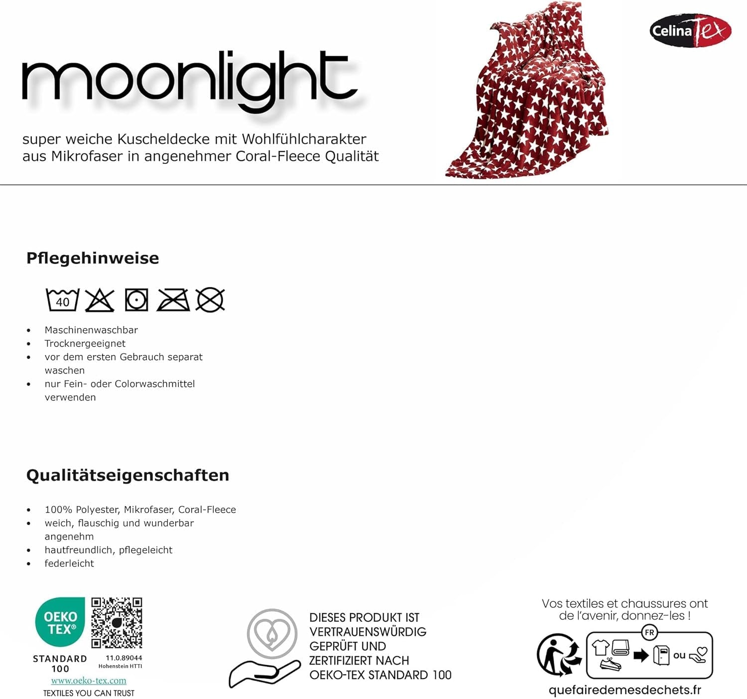 Soffice coperta Celinatex 150 X 200 cm Bordeaux coperta divano divano morbida coperta stelle Microfibra Pile Oeko-Tex Moonlight Letti e coperte Besuche den CelinaTex-Store