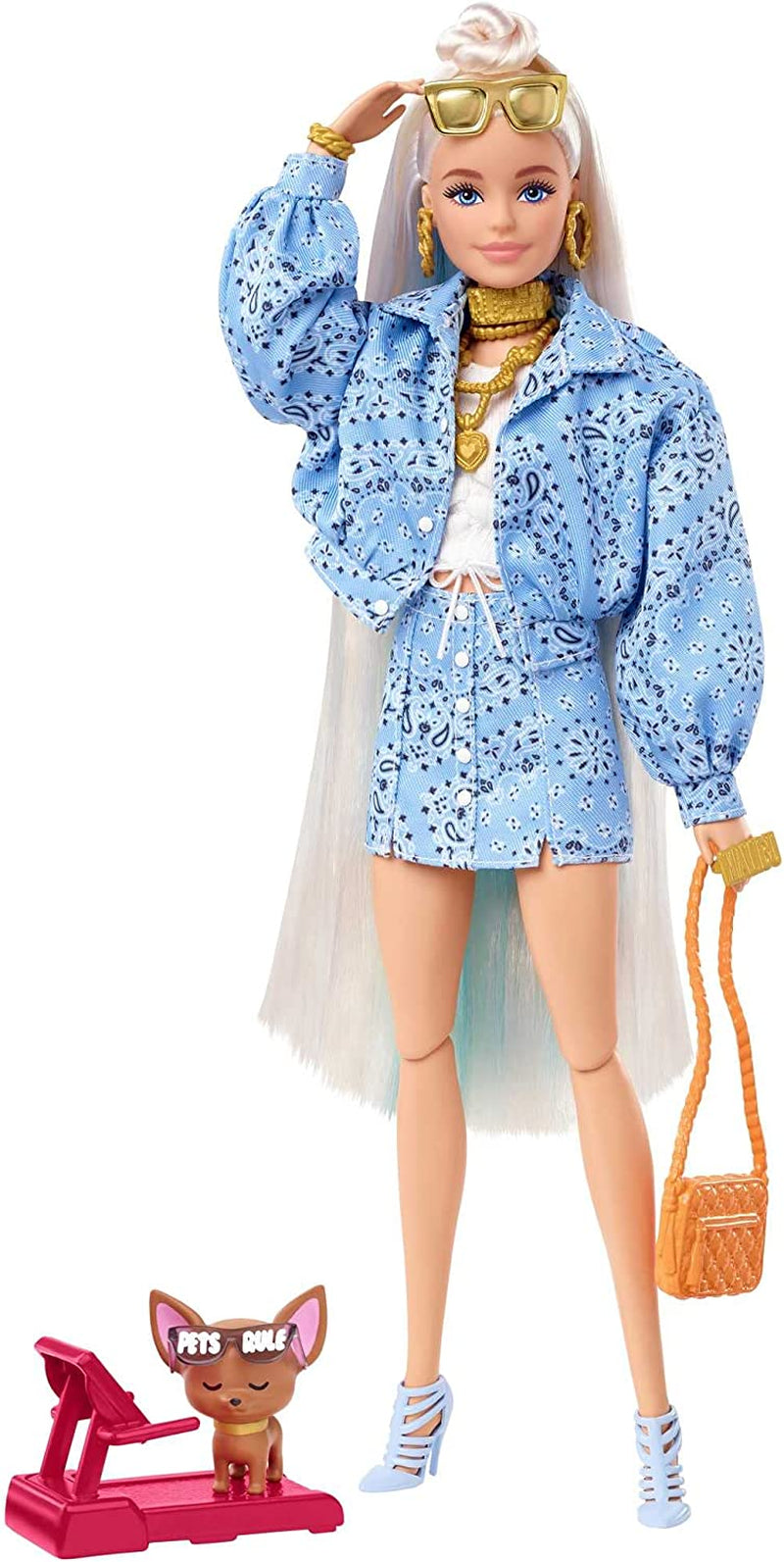 Barbie HDJ46 - Bambola Extra in Abito con Maglia da Basket e Accessori, Animale Corgi, Capelli Ricci Extra Lunghi con Strisce Rosa e Giunti Flessibili, Giocattolo Regalo per Bambini 3+ Naty Shop Dolls 0