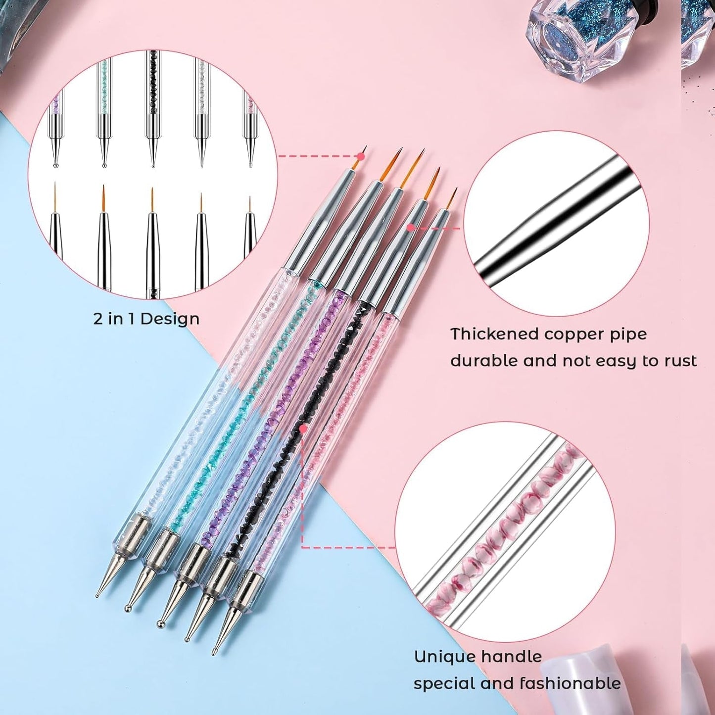 5 pezzi Set di pinsel per nail art Strumento per punteggiare Pinsel per nail art Nageldesign Penna per punteggiatura a doppia estremità Strass Acrilico professionale Feinmalerei Nail Art Design
