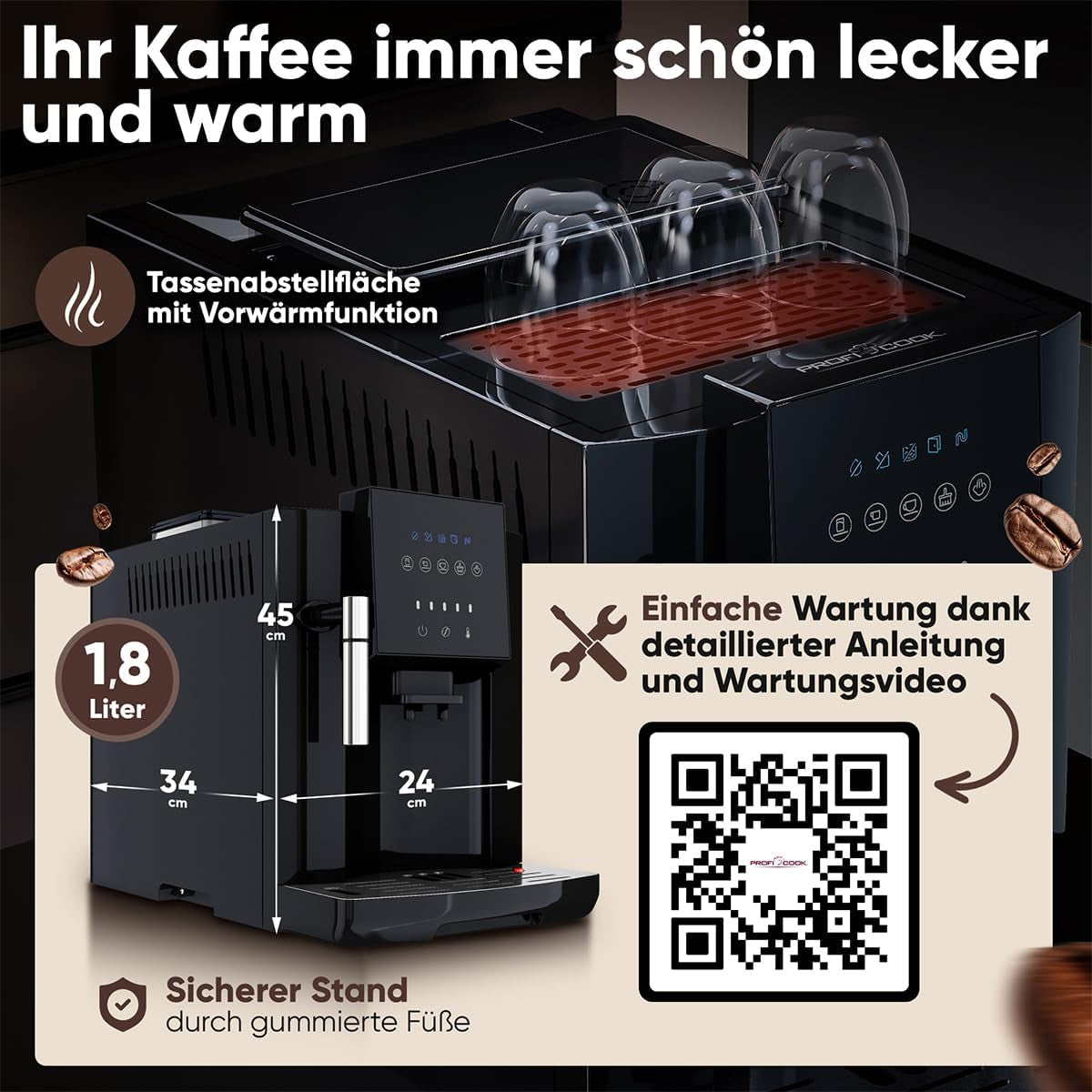 Macchina per caffè espresso ProfiCook® completamente automatica con montalatte per cappuccino | Macina conica | con funzione scaldatazze | Pompa Professionale Italiana | Touchscreen | Espresso | PCKAV1281